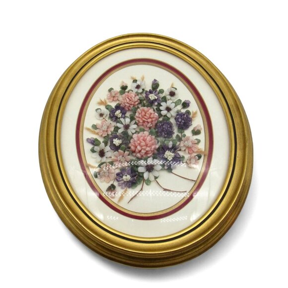 GEMSTONE BOUQUET Artwork Gold Oval Convex Frame 3D Floral 16 Inches Vintage - Picture 3 of 12